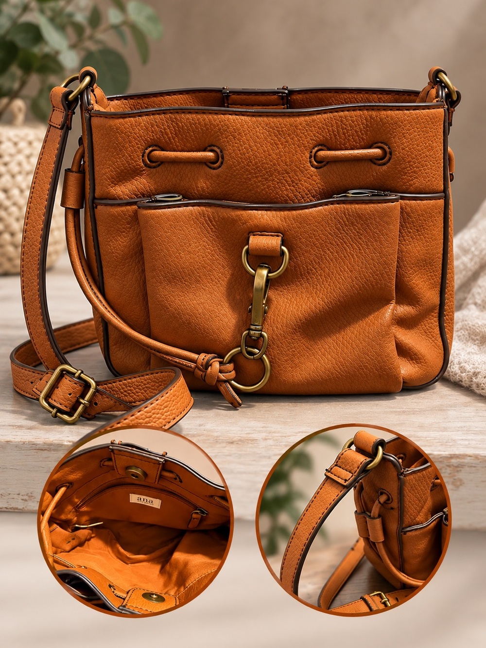 a.n.a Tan Cognac Crossbody Bag with Brass Hardware